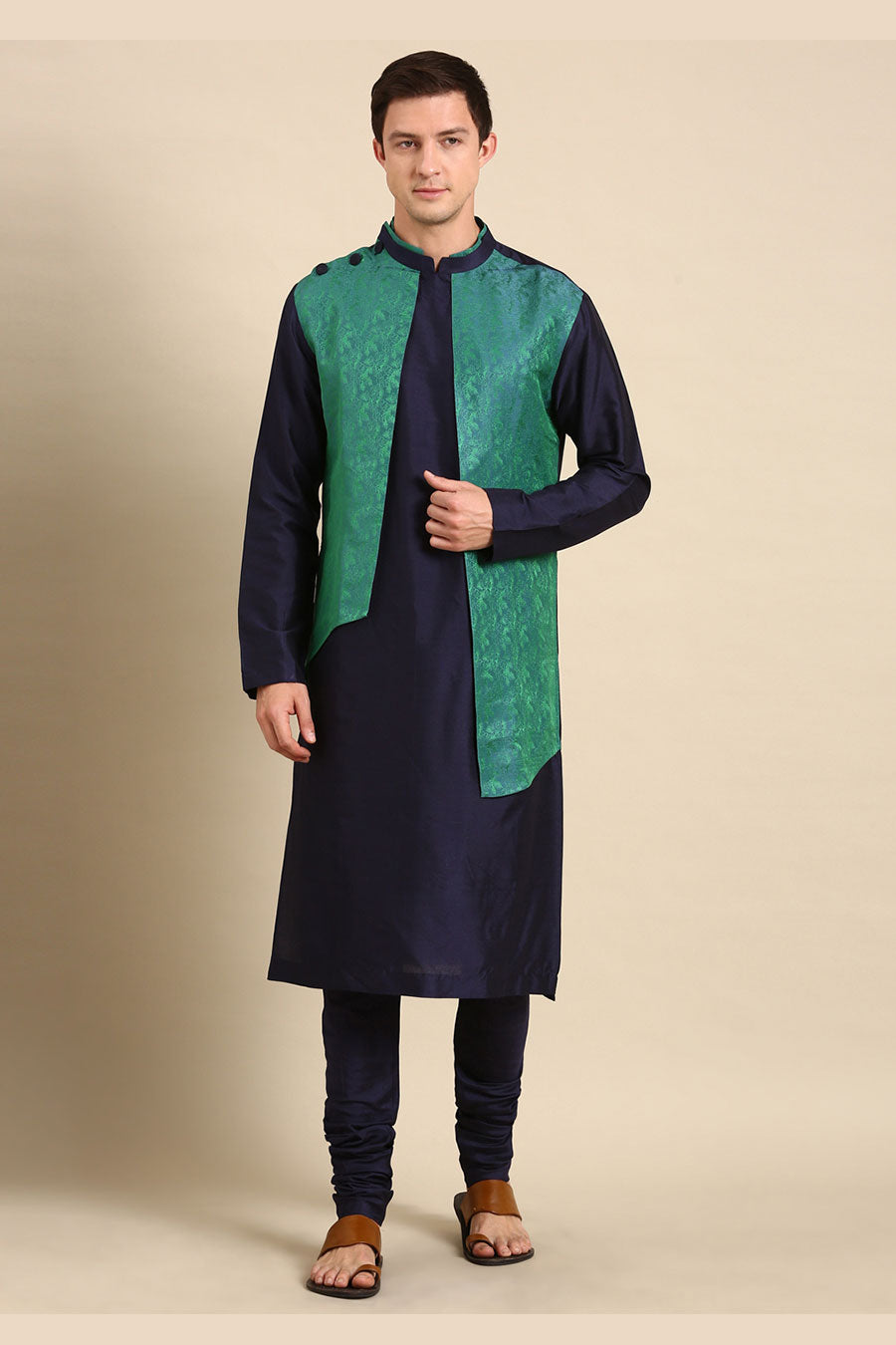 Blue & Green Jacquard Panel Kurta Set