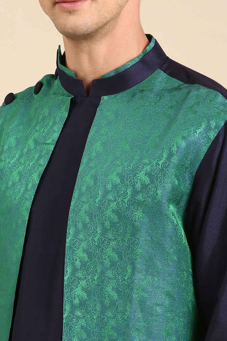Blue & Green Jacquard Panel Kurta Set