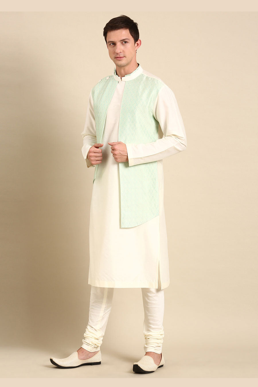 Cream & Green Jacquard Panel Kurta Set