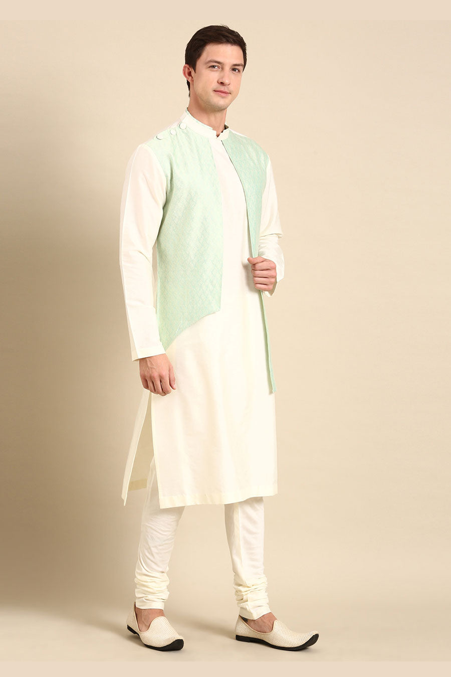Cream & Green Jacquard Panel Kurta Set