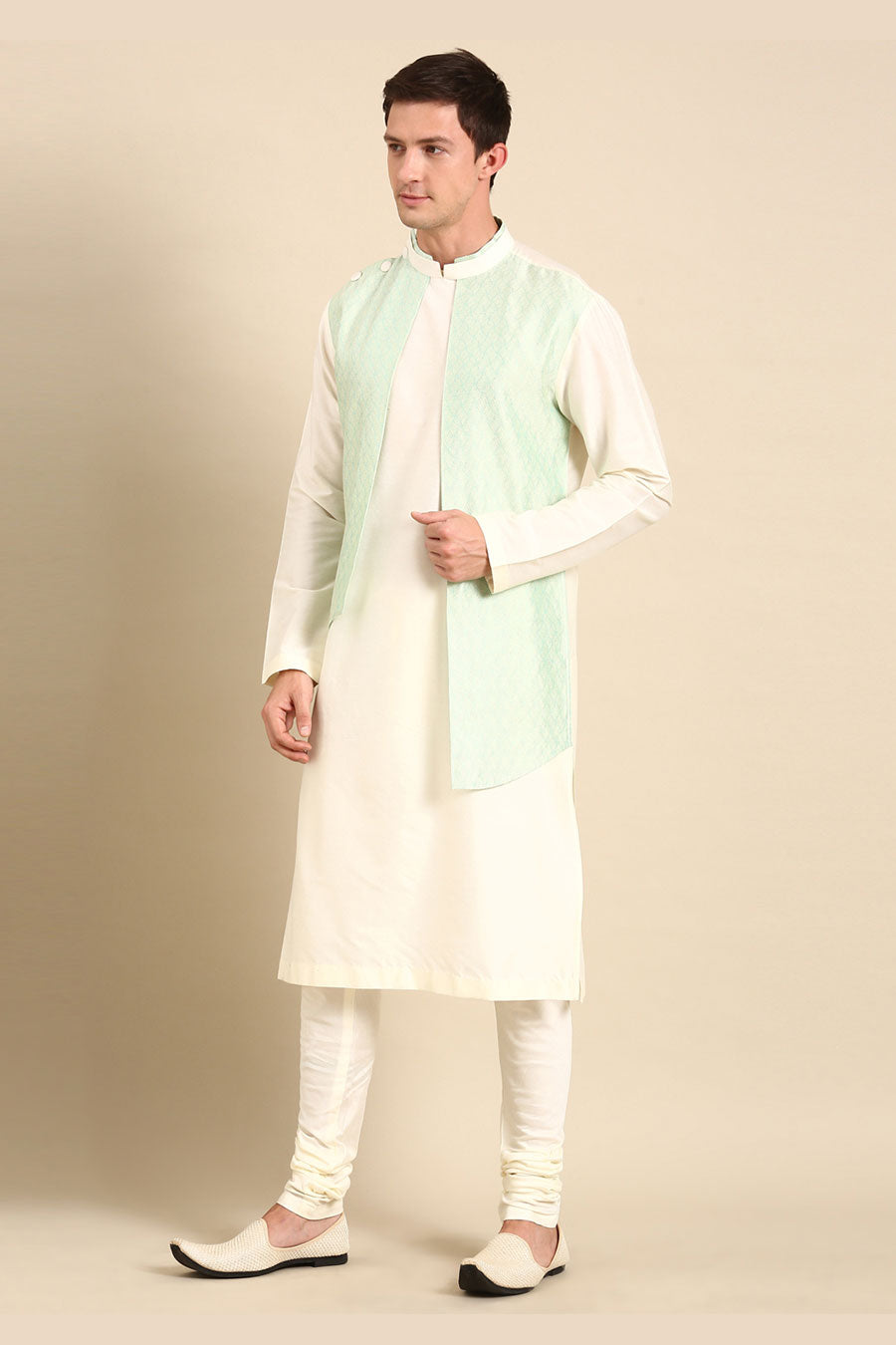 Cream & Green Jacquard Panel Kurta Set
