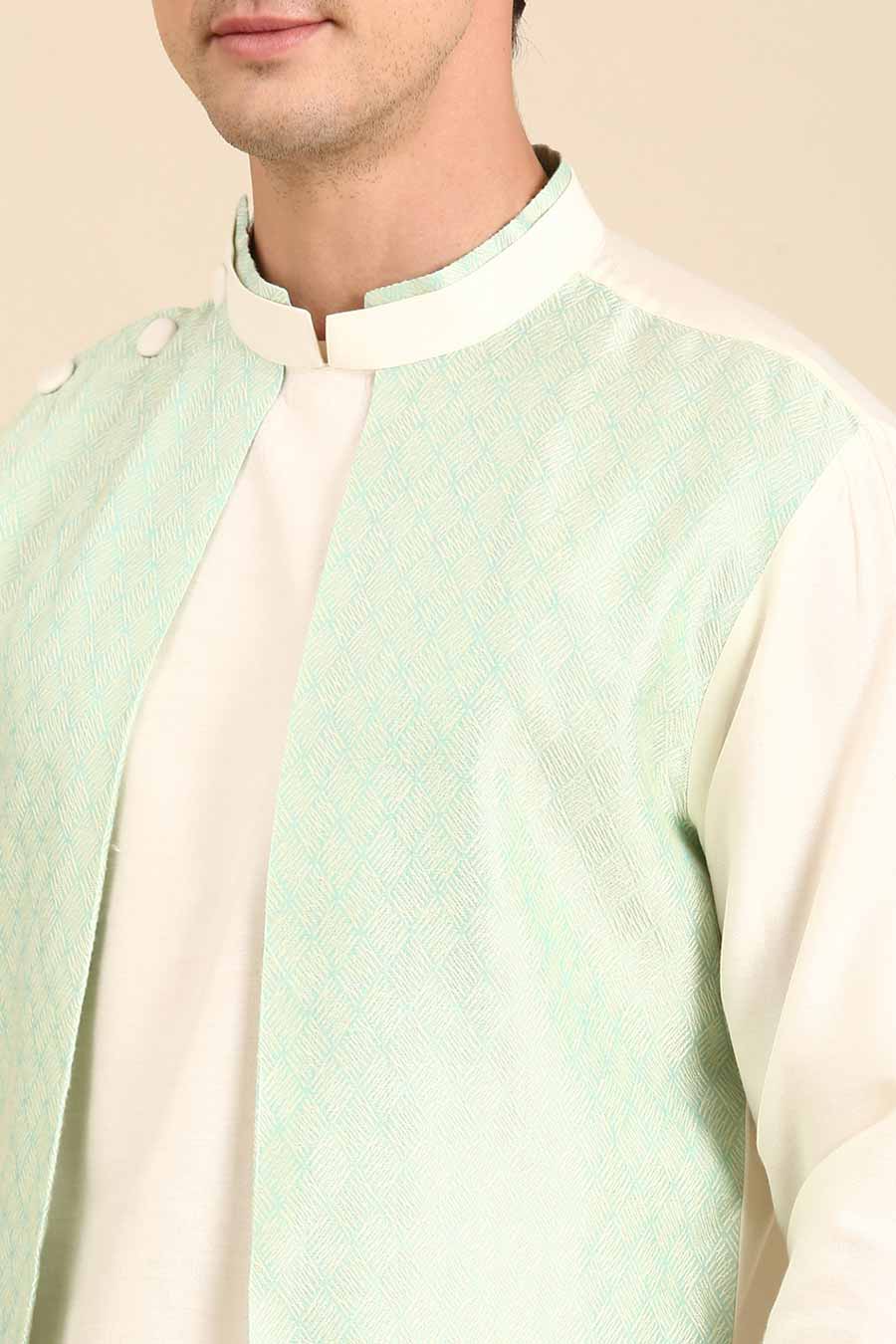 Cream & Green Jacquard Panel Kurta Set