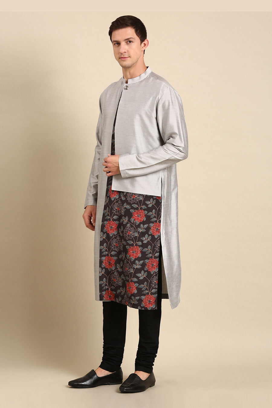 Grey Printed Panel Kurta Set