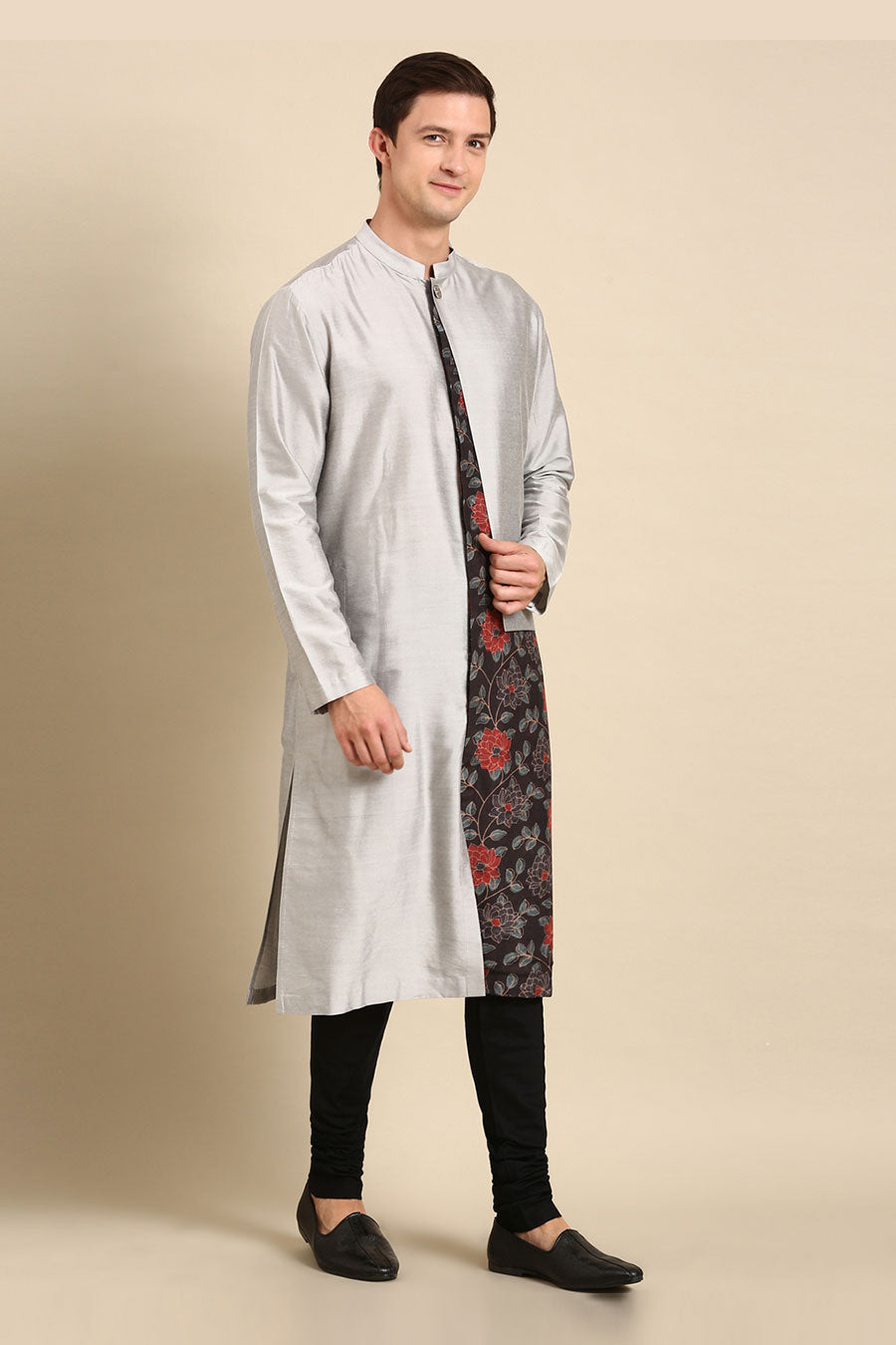 Grey Printed Panel Kurta Set