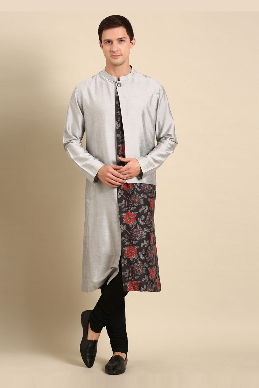 Grey Printed Panel Kurta Set