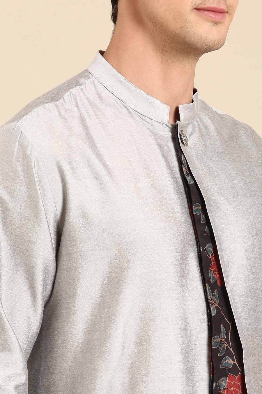 Grey Printed Panel Kurta Set