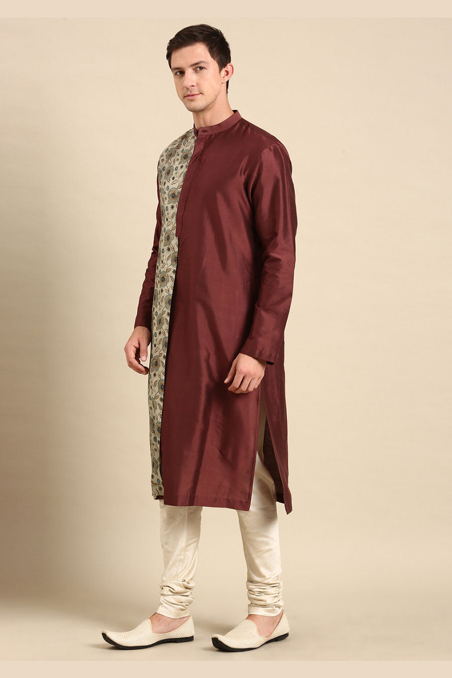 Brown & Cream Printed Panel Kurta Set