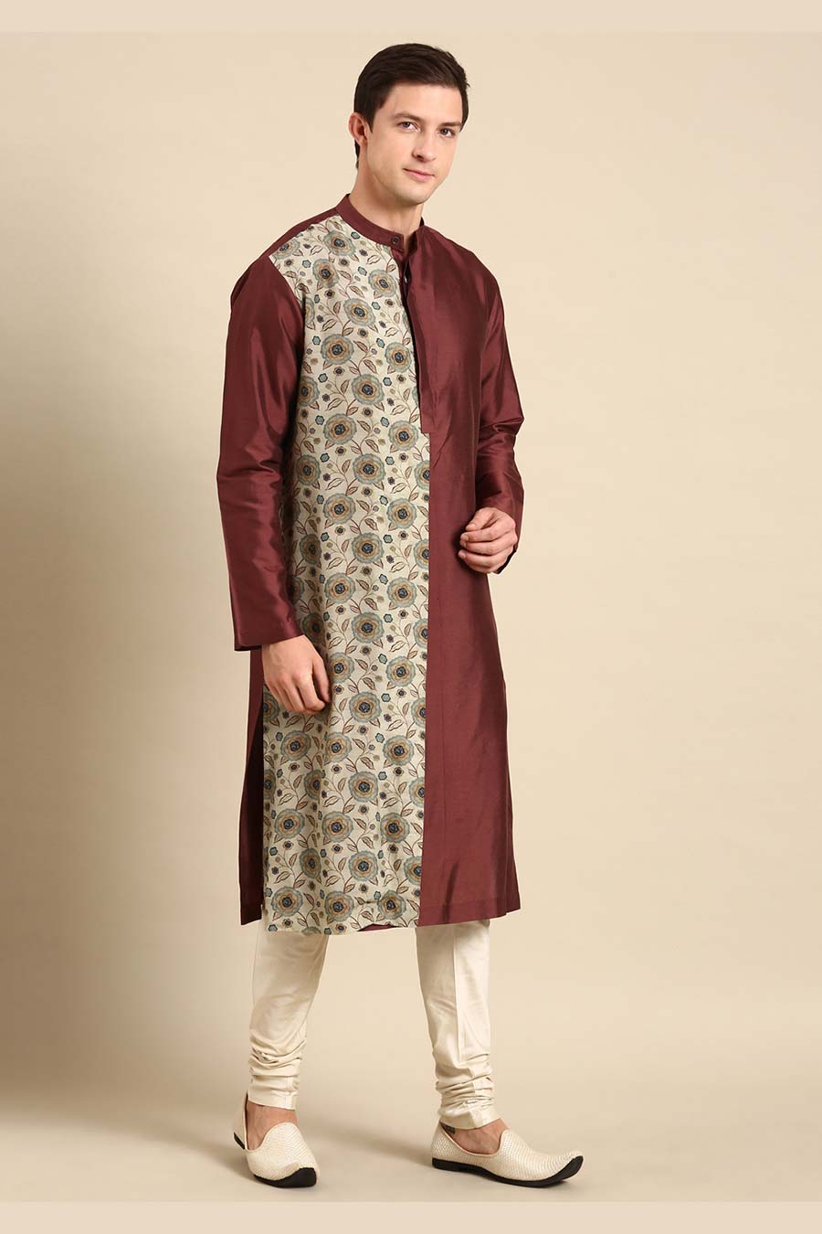 Brown & Cream Printed Panel Kurta Set