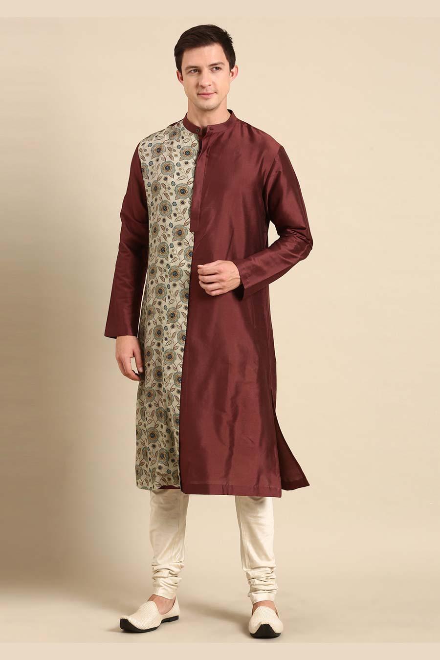 Brown & Cream Printed Panel Kurta Set