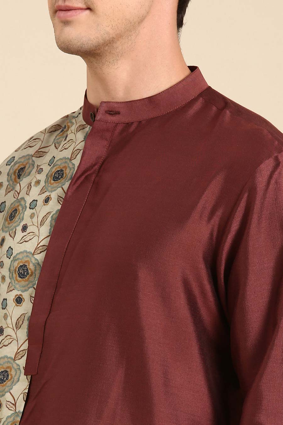 Brown & Cream Printed Panel Kurta Set