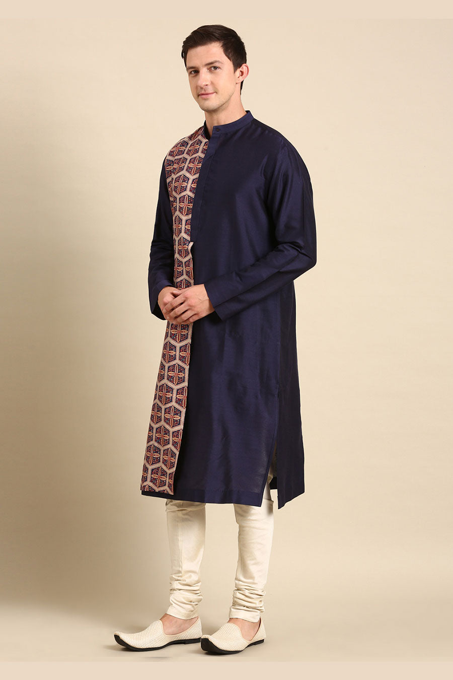 Blue & Peach Printed Panel Kurta Set