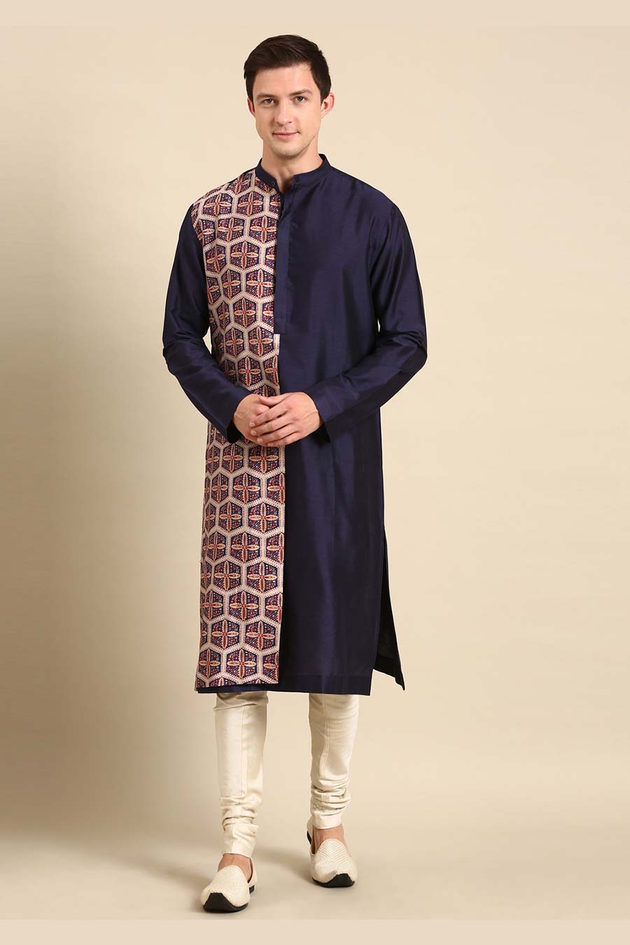 Blue & Peach Printed Panel Kurta Set