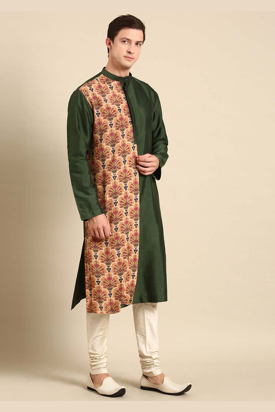 Green & Beige Printed Panel Kurta Set