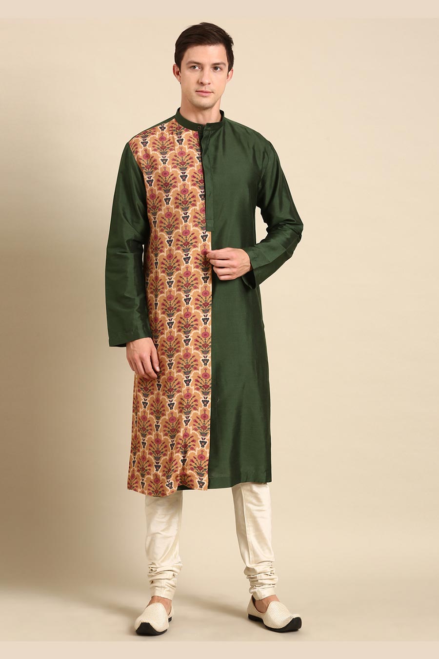 Green & Beige Printed Panel Kurta Set