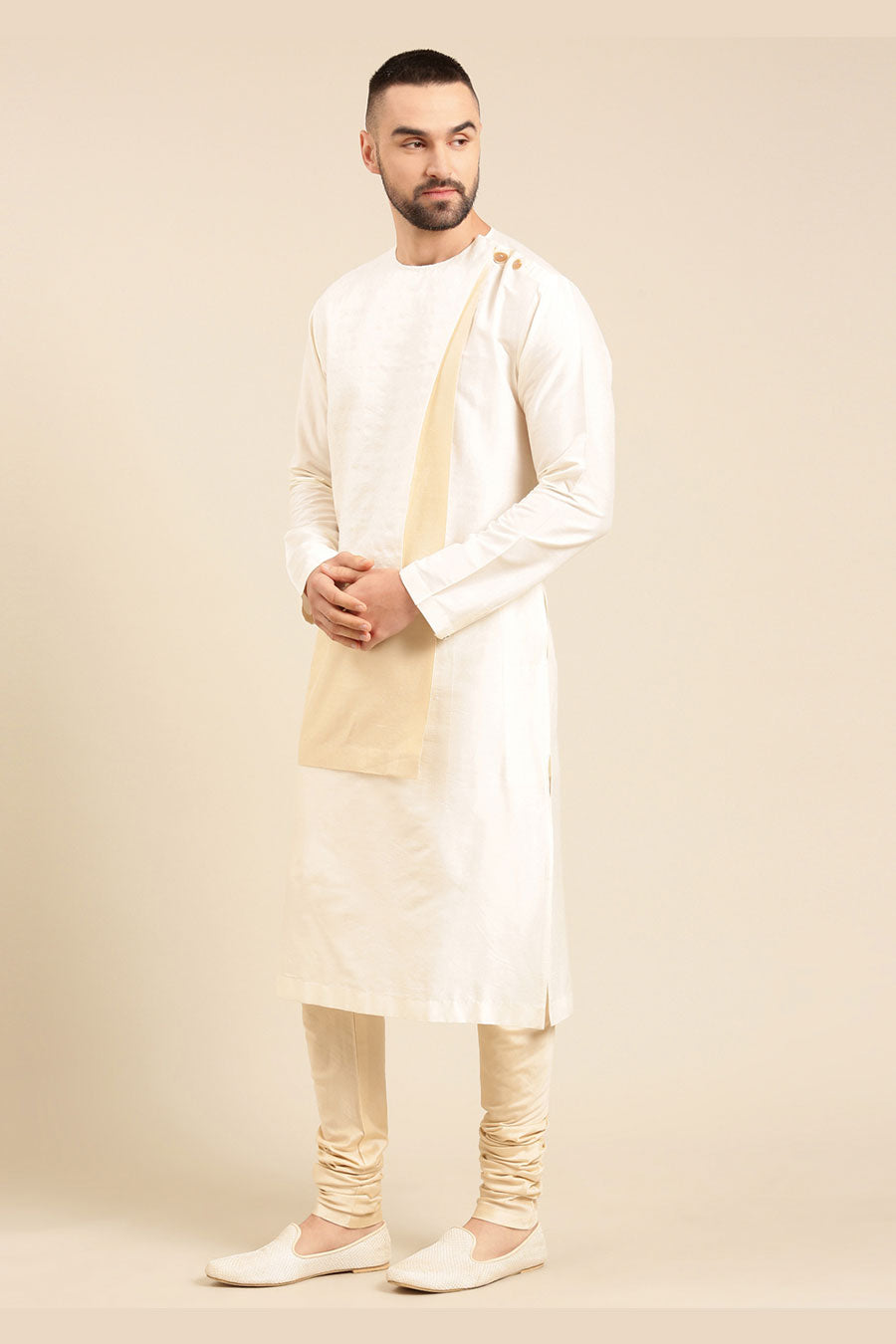 Ivory & Beige Jacquard Panelled Kurta Set