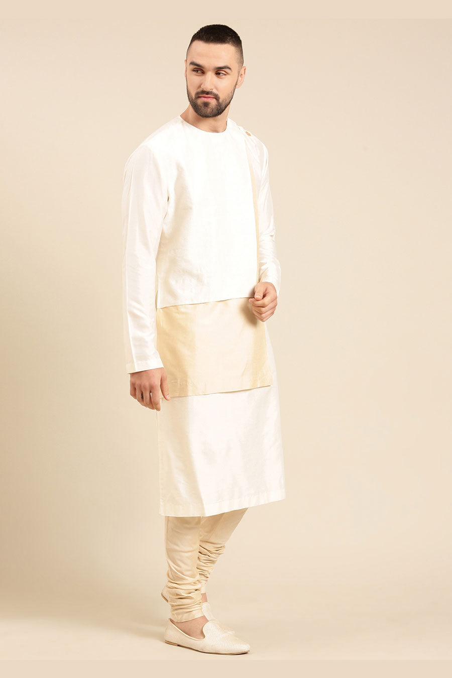 Ivory & Beige Jacquard Panelled Kurta Set