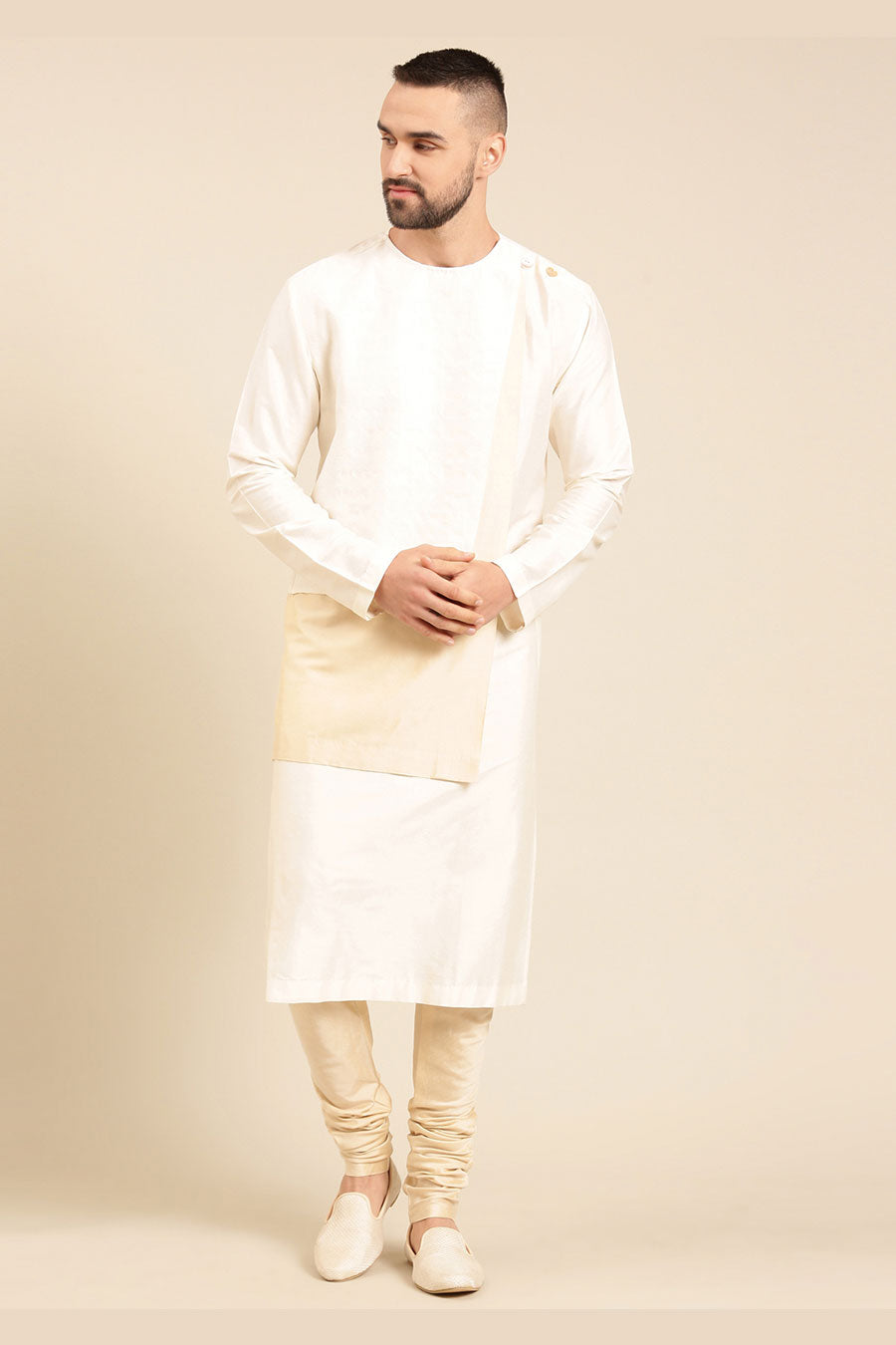 Ivory & Beige Jacquard Panelled Kurta Set