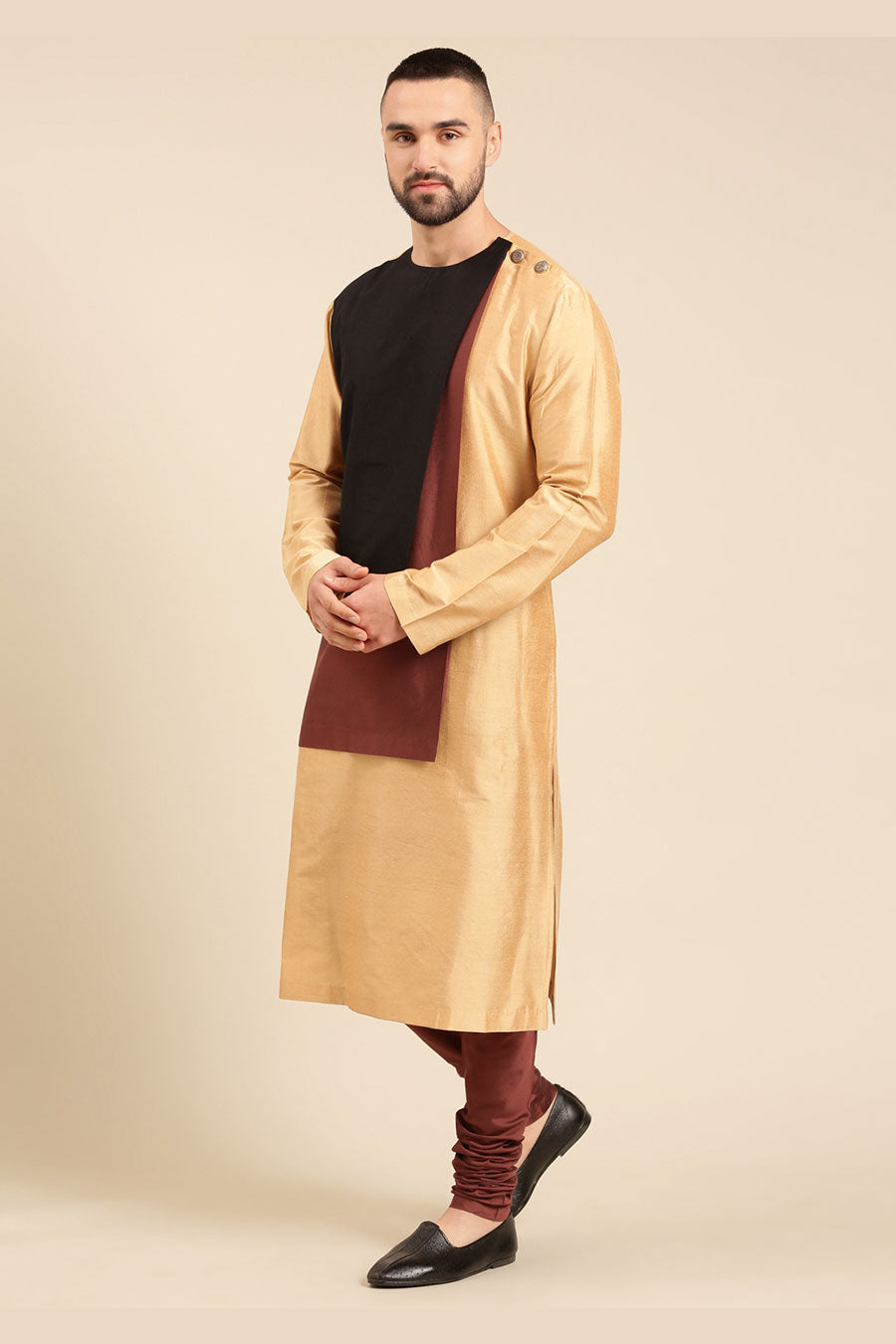 Gold Colour-Blocked Panel Kurta Set