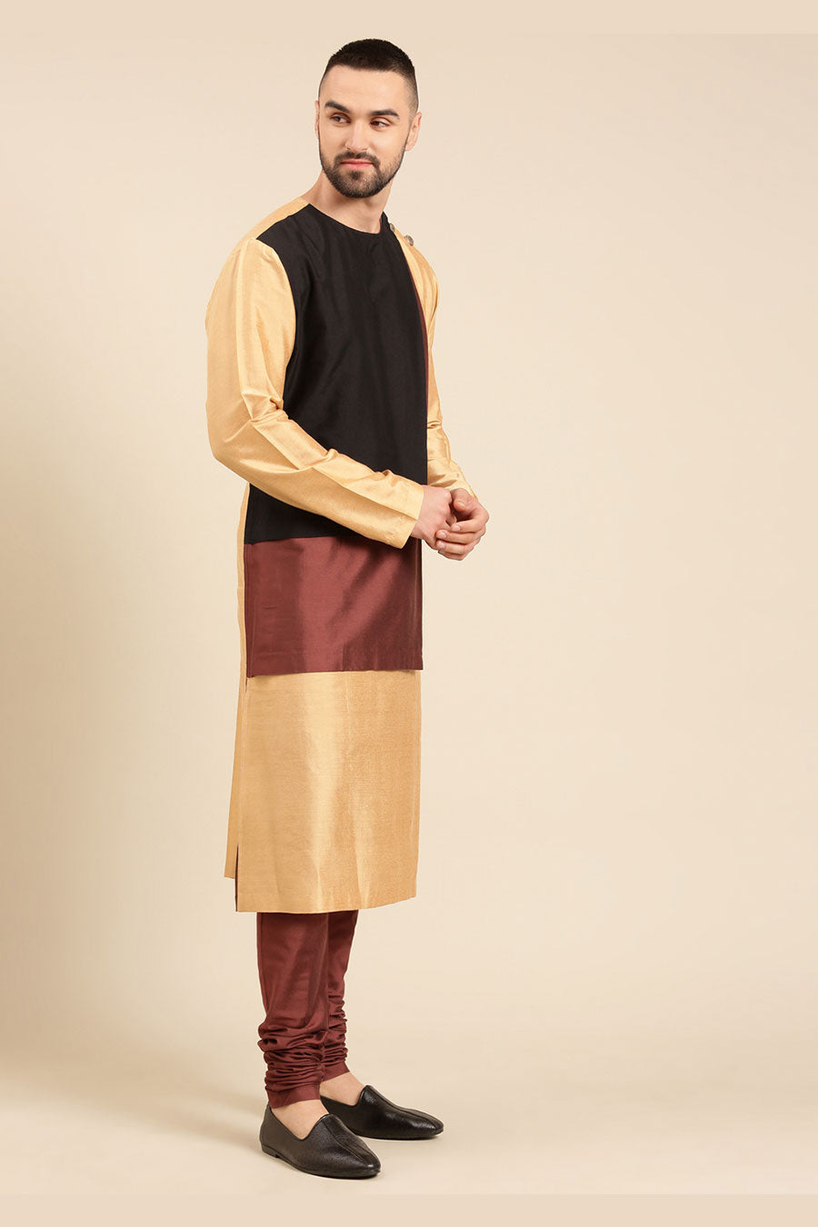 Gold Colour-Blocked Panel Kurta Set