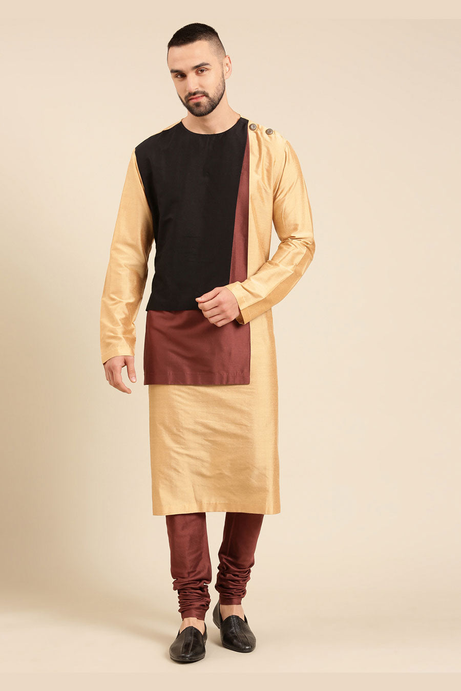 Gold Colour-Blocked Panel Kurta Set