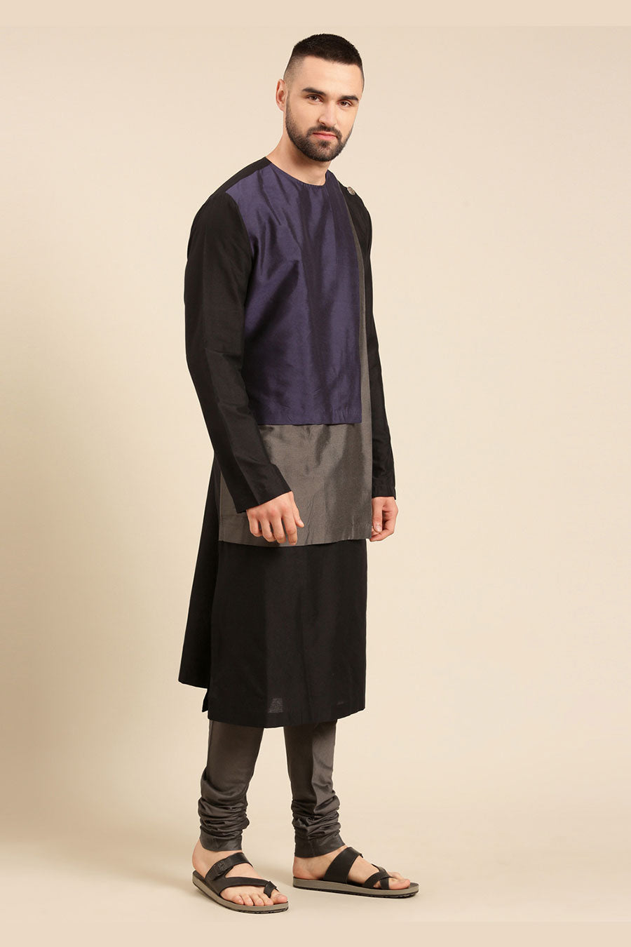 Black Colour-Blocked Panel Kurta Set