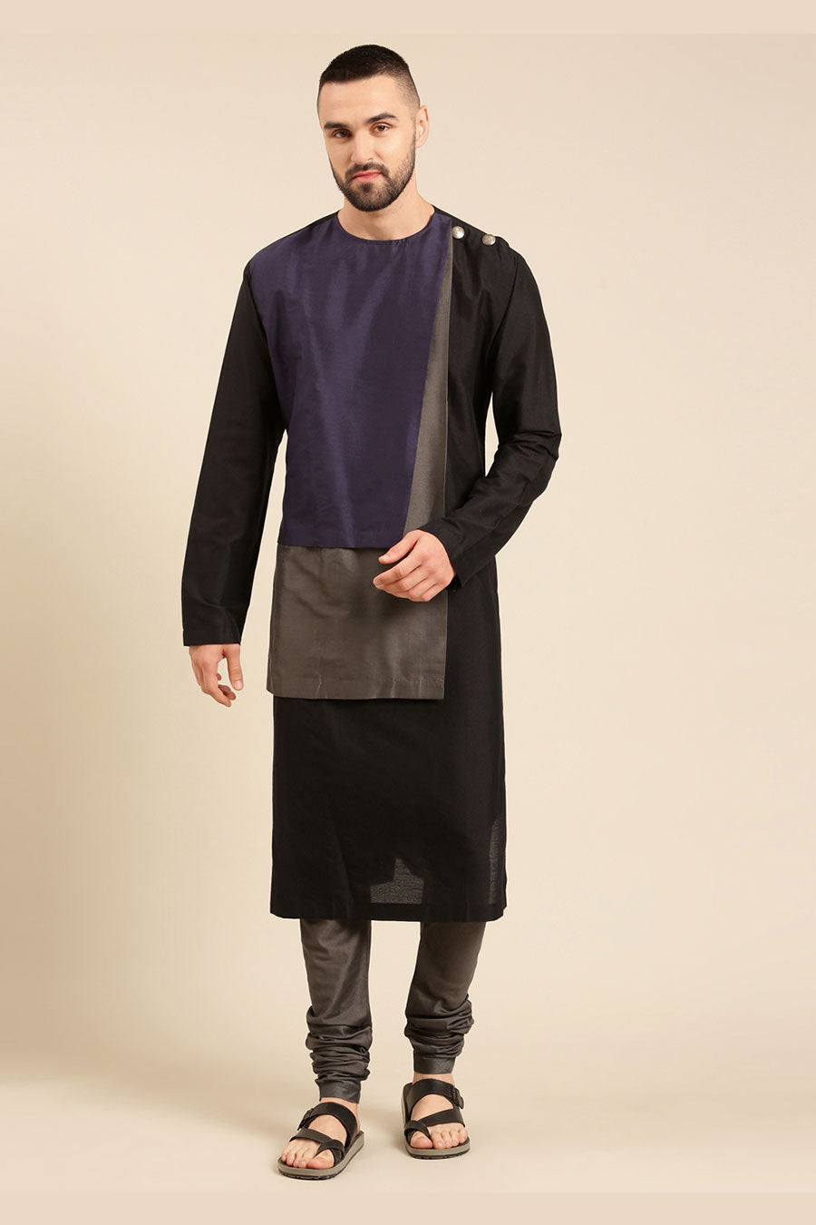 Black Colour-Blocked Panel Kurta Set
