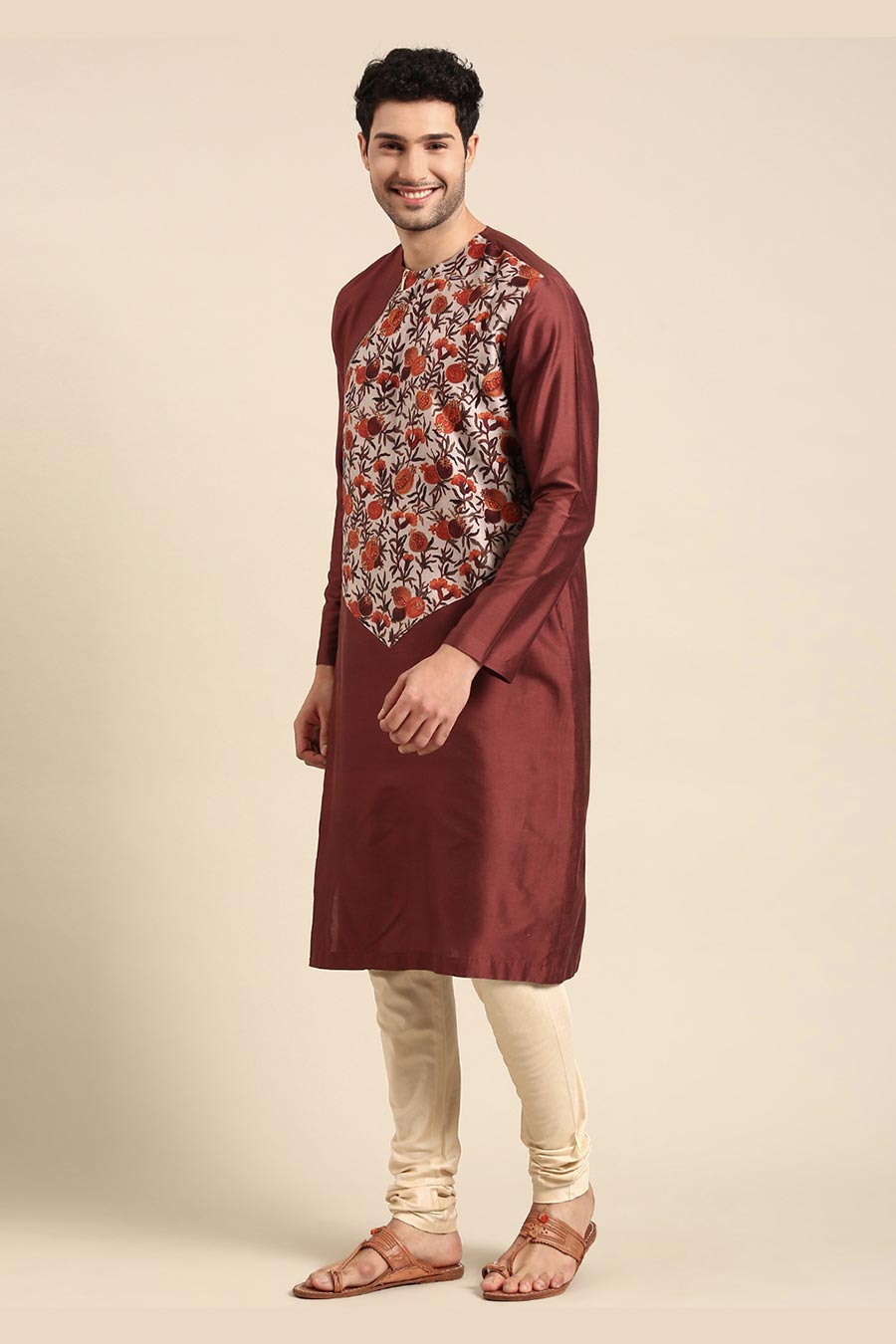 Brown Printed Panel Zipper Kurta Set