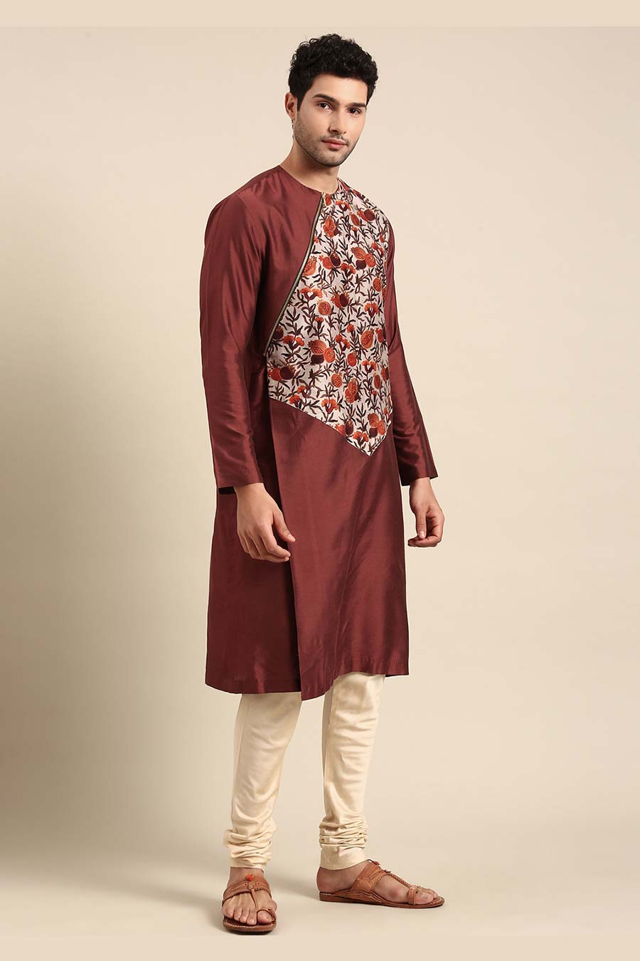 Brown Printed Panel Zipper Kurta Set