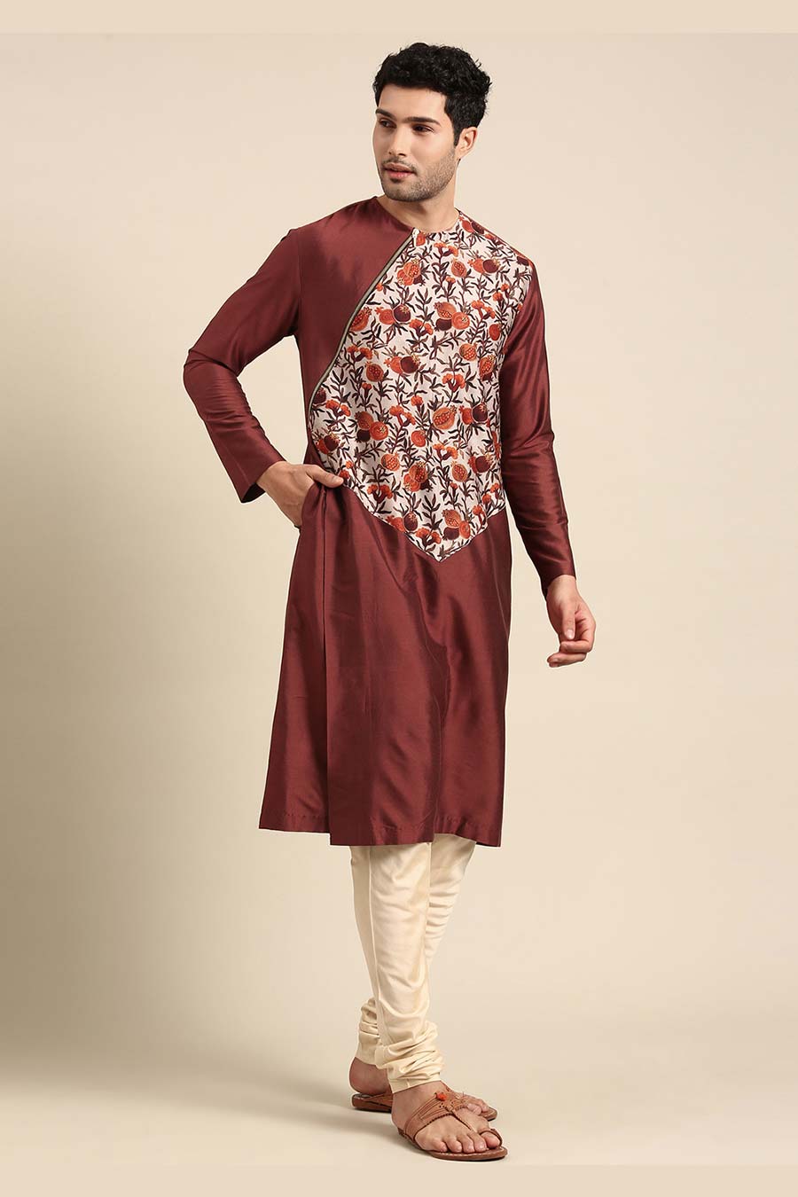 Brown Printed Panel Zipper Kurta Set