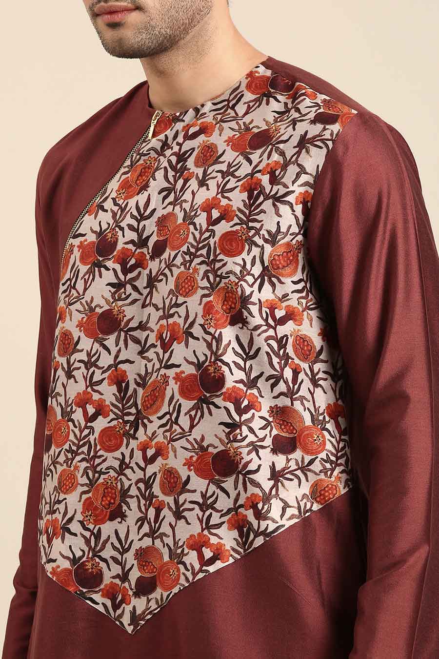Brown Printed Panel Zipper Kurta Set