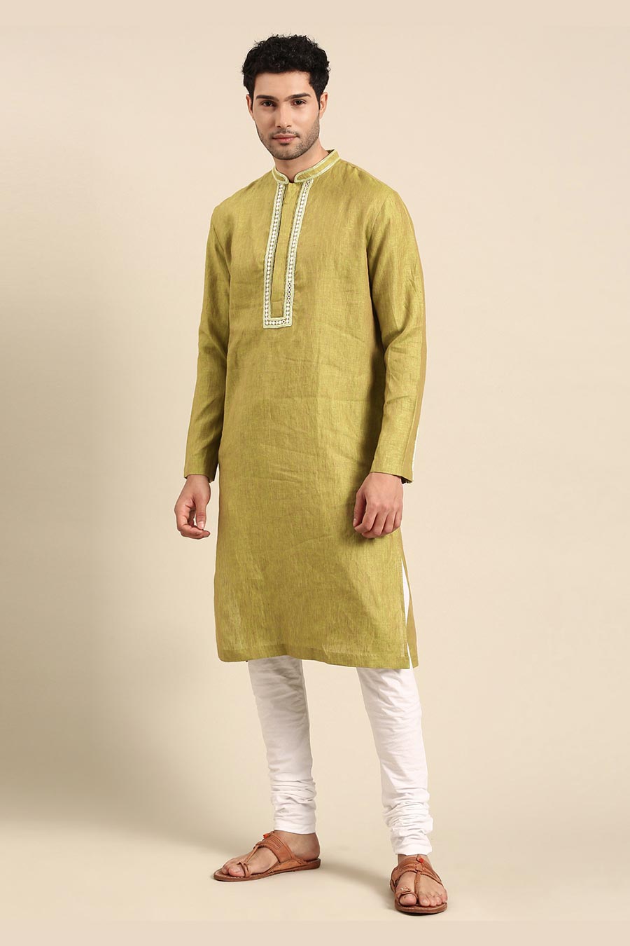 Green Linen Embroidered Kurta Set