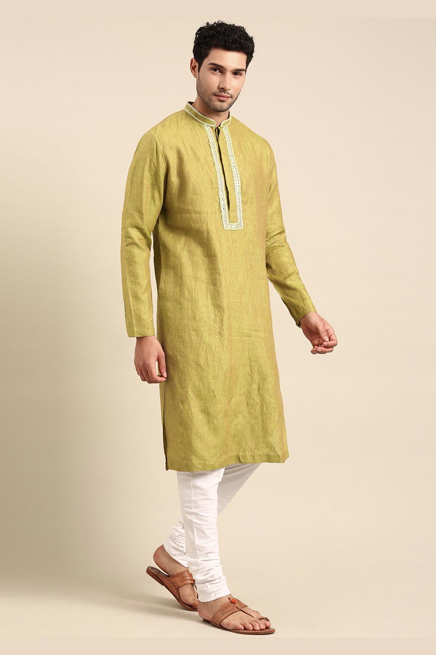 Green Linen Embroidered Kurta Set