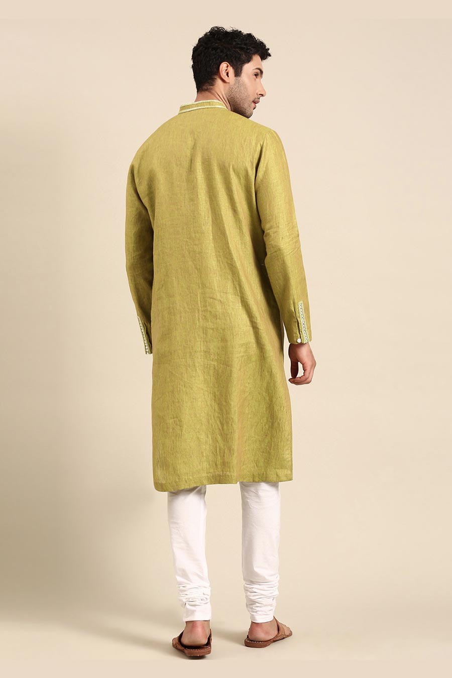 Green Linen Embroidered Kurta Set