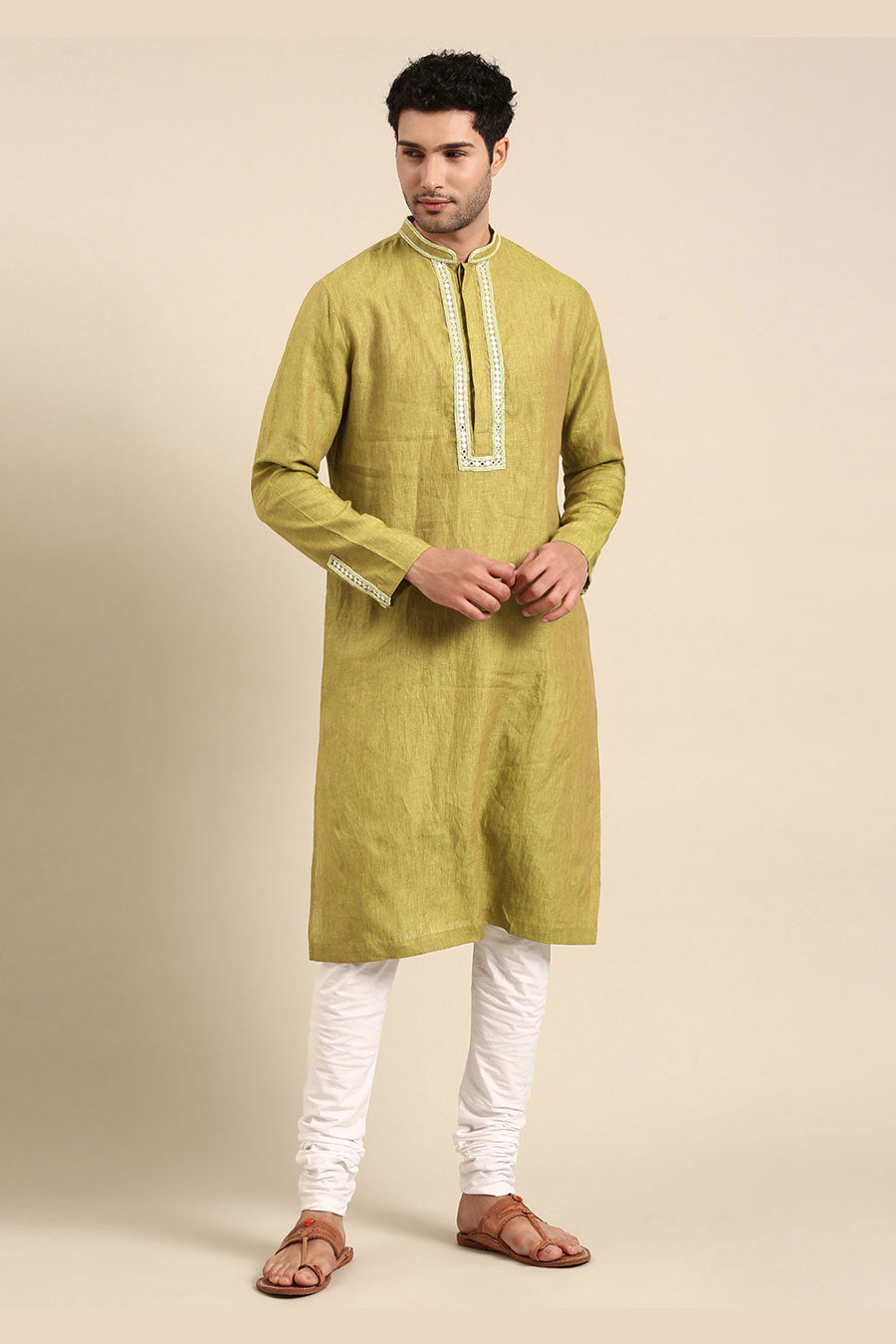 Green Linen Embroidered Kurta Set