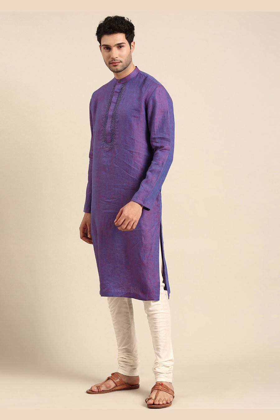 Purple Linen Embroidered Kurta Set