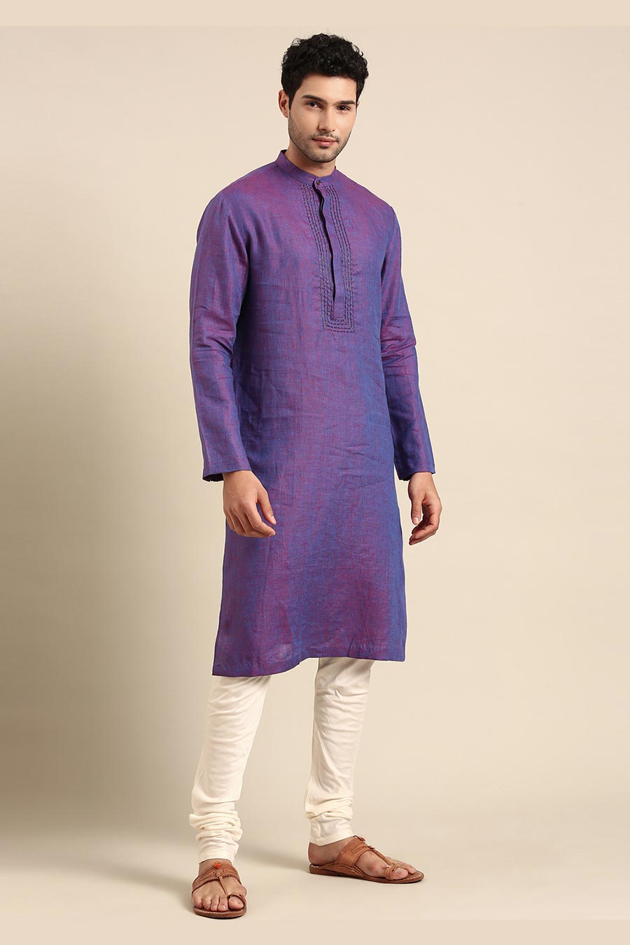Purple Linen Embroidered Kurta Set