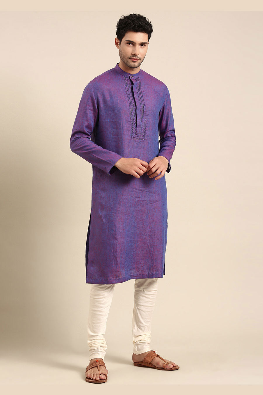 Purple Linen Embroidered Kurta Set
