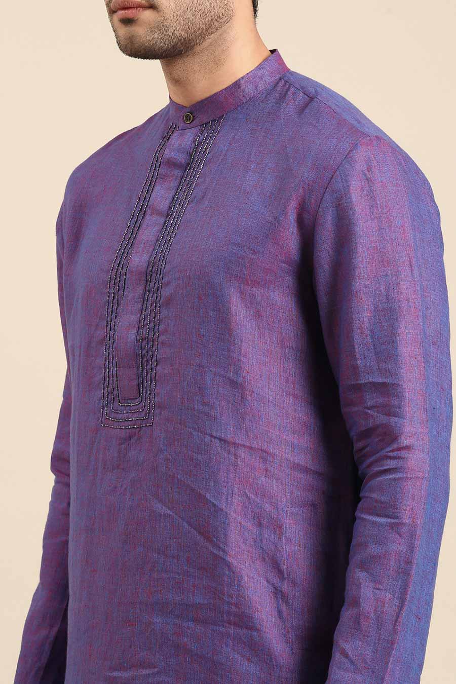 Purple Linen Embroidered Kurta Set