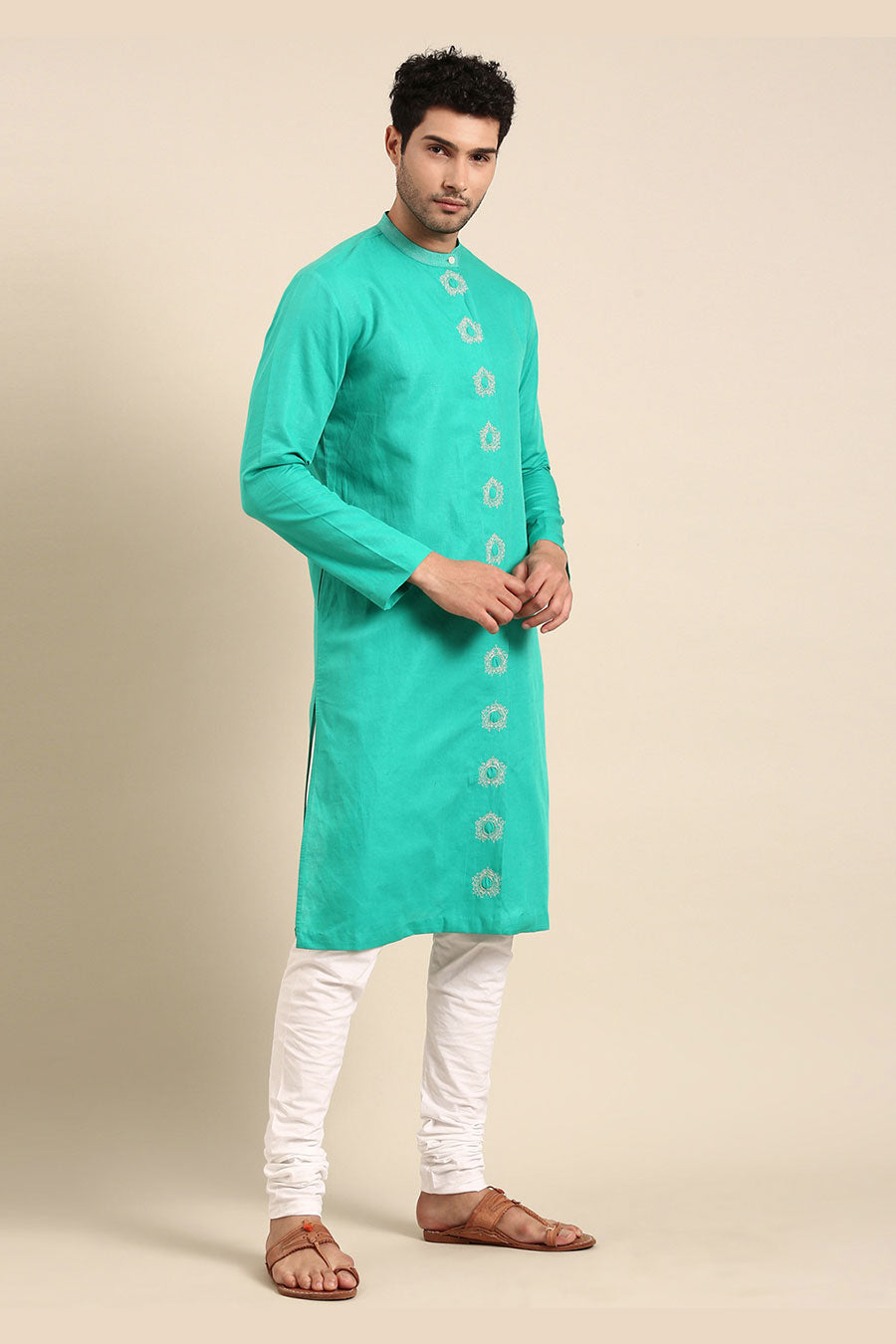 Sea Green Linen Embroidered Kurta Set