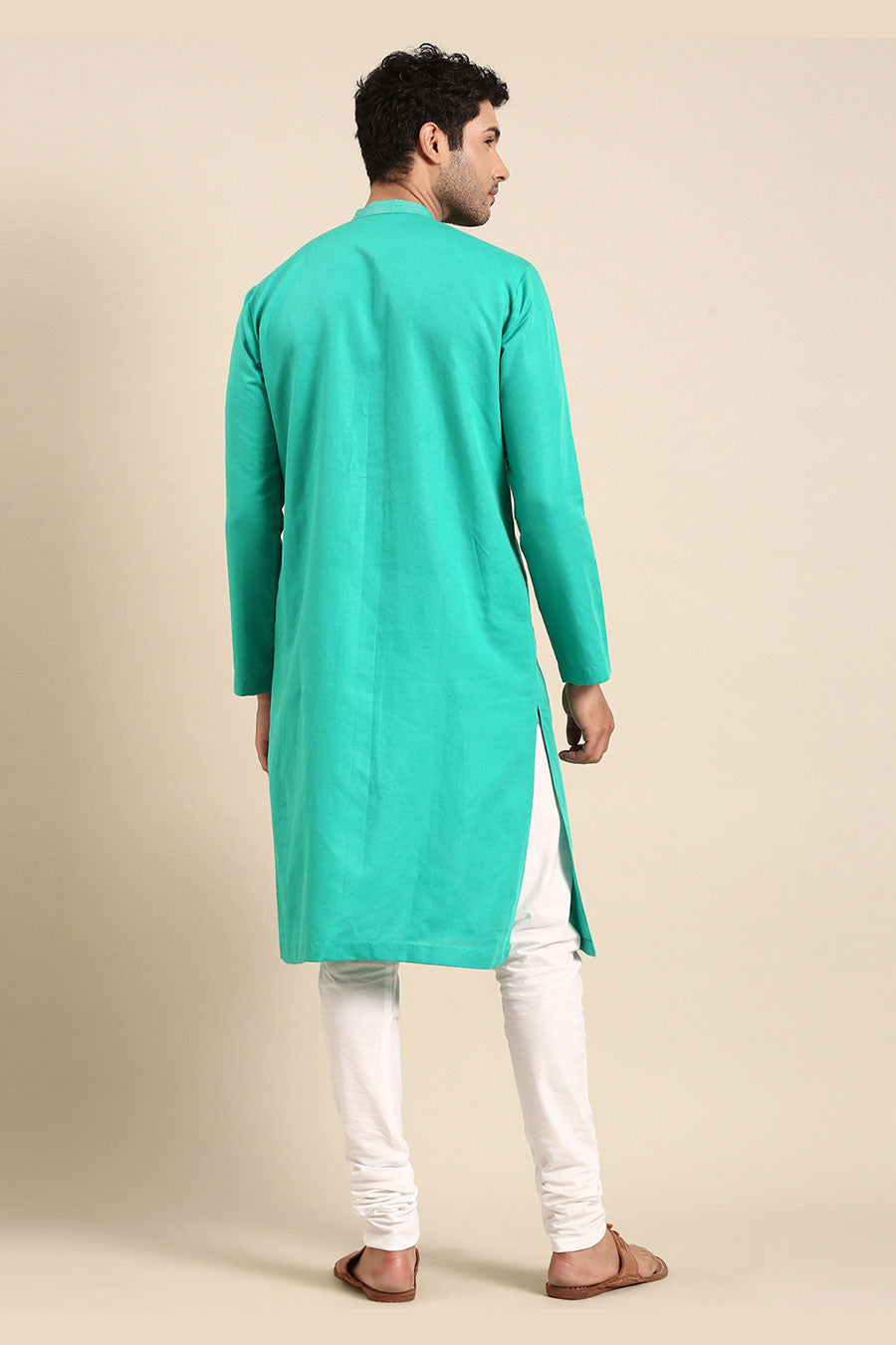 Sea Green Linen Embroidered Kurta Set
