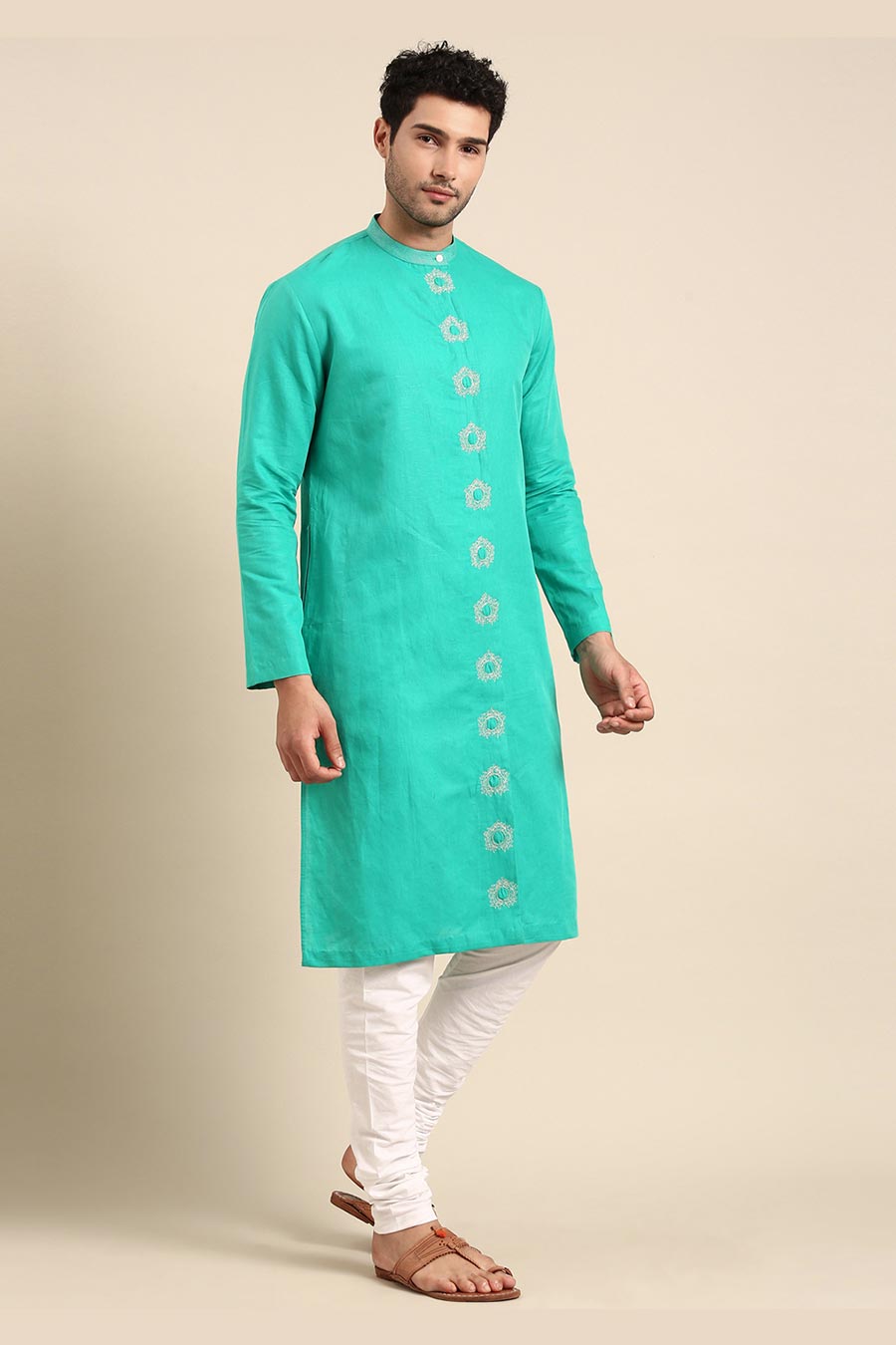 Sea Green Linen Embroidered Kurta Set
