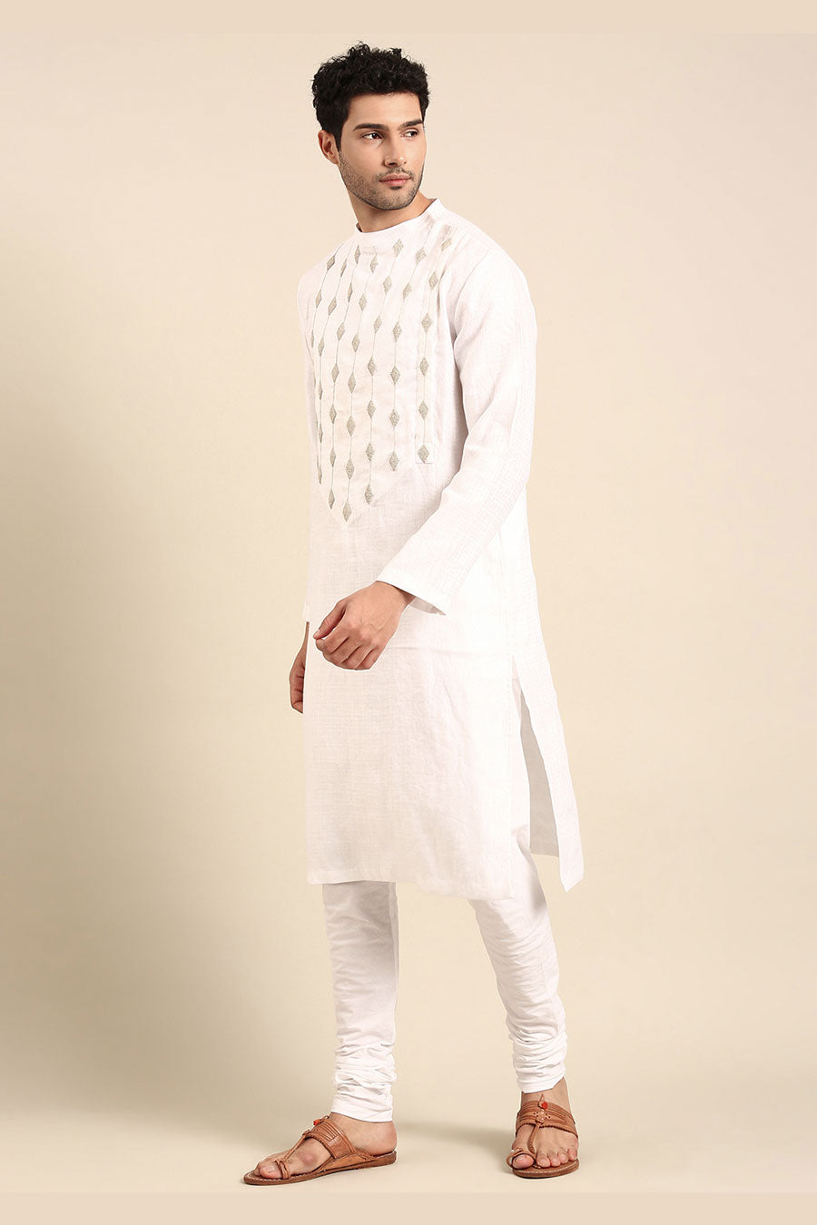 Ivory Linen Embroidered Kurta Set