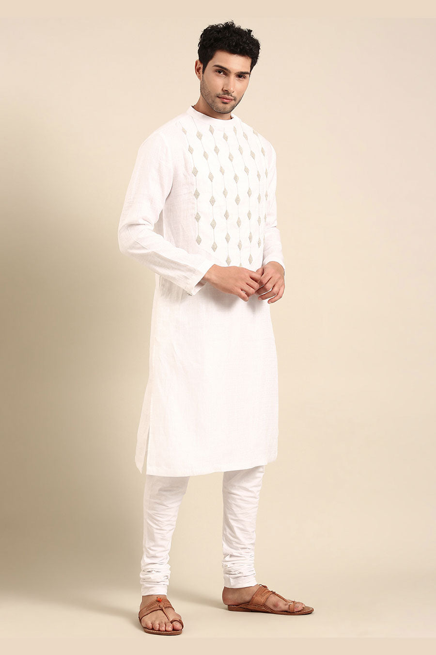 Ivory Linen Embroidered Kurta Set