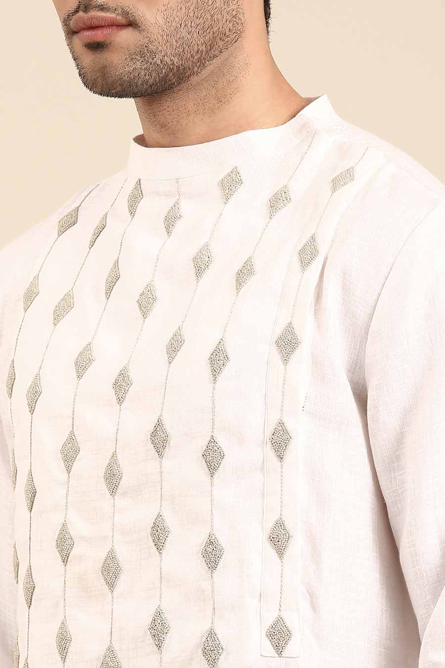 Ivory Linen Embroidered Kurta Set