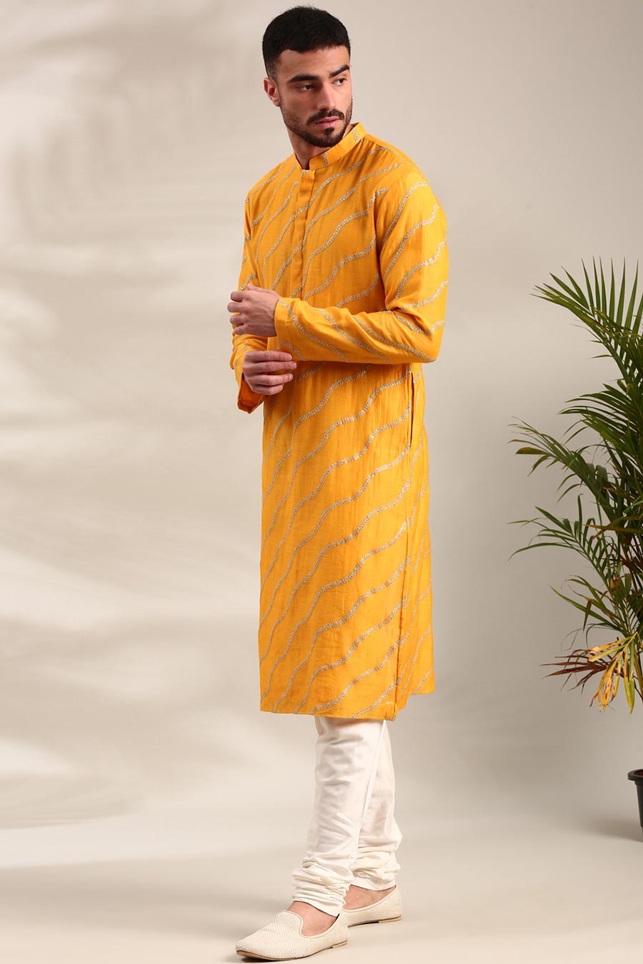 Yellow Chanderi Embroidered Kurta Set