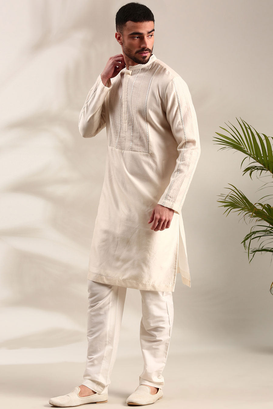Ivory Chanderi Embroidered Kurta Set