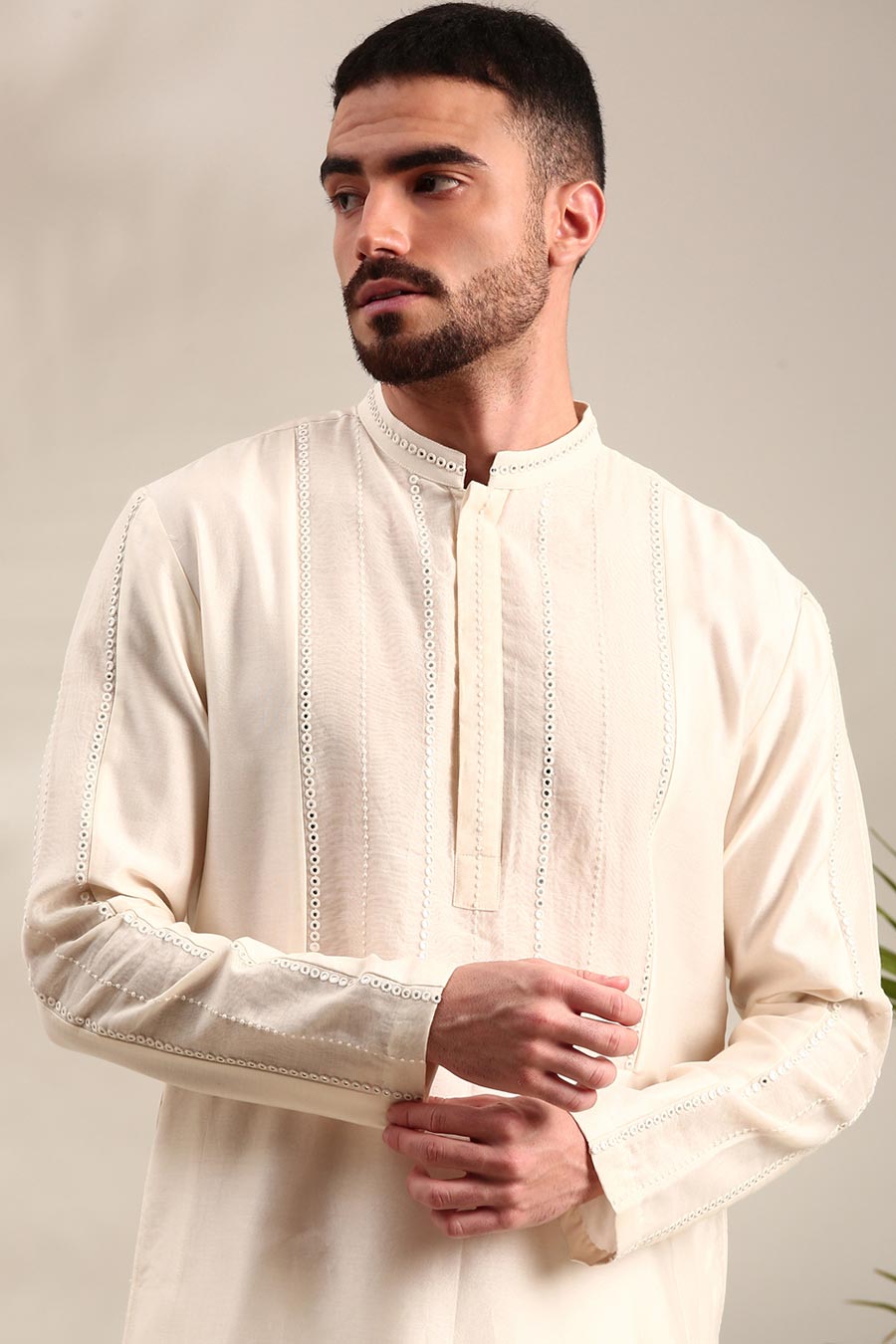 Ivory Chanderi Embroidered Kurta Set