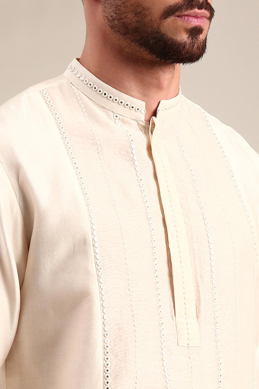 Ivory Chanderi Embroidered Kurta Set