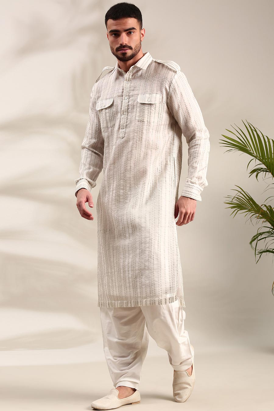 Ivory Embroidered Pathani Set