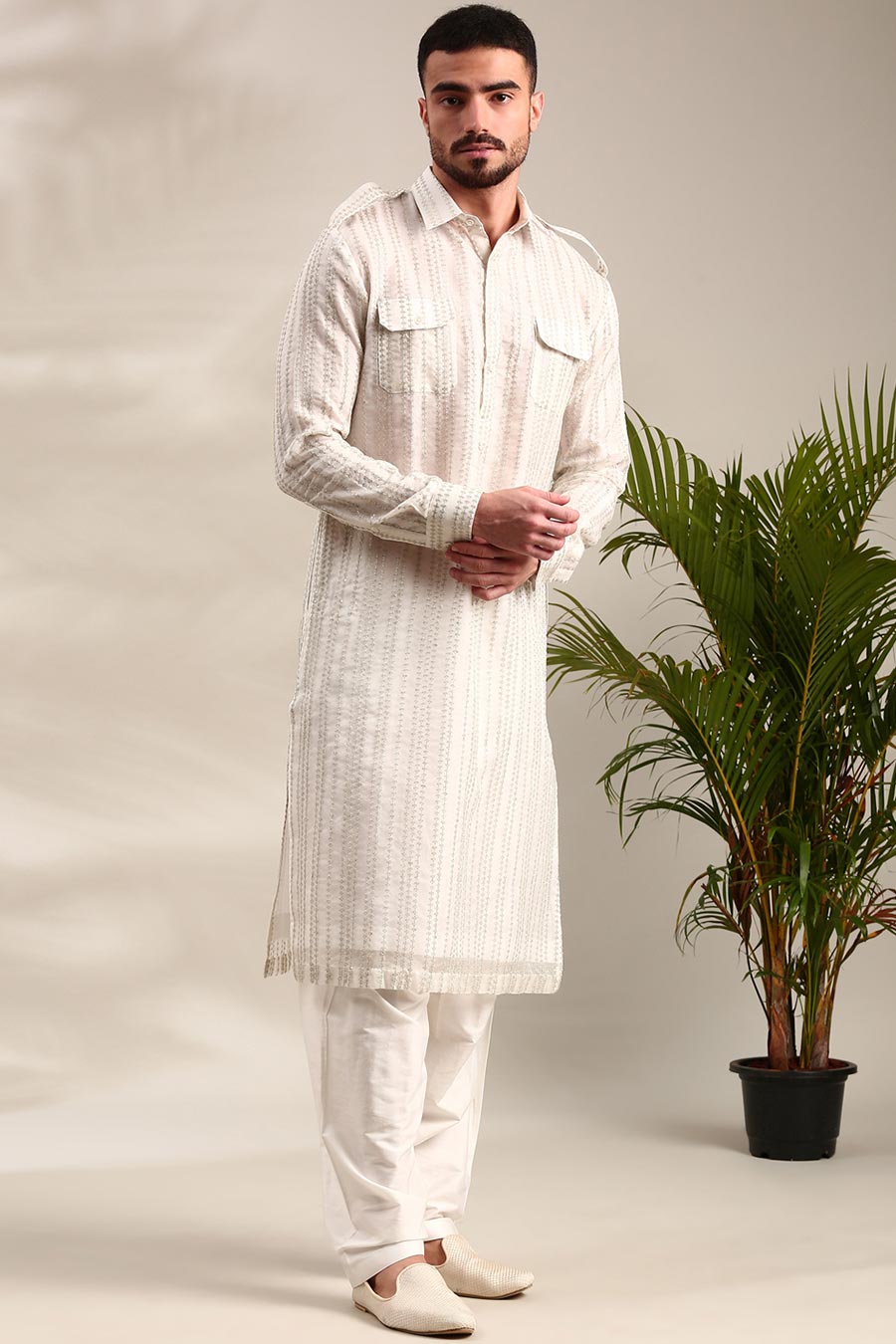 Ivory Embroidered Pathani Set